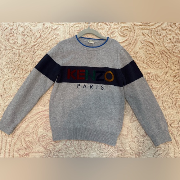 Kenzo Kids Grey Sweater with Blue Trim and colorful logo. French Designer. - Picture 3 of 4